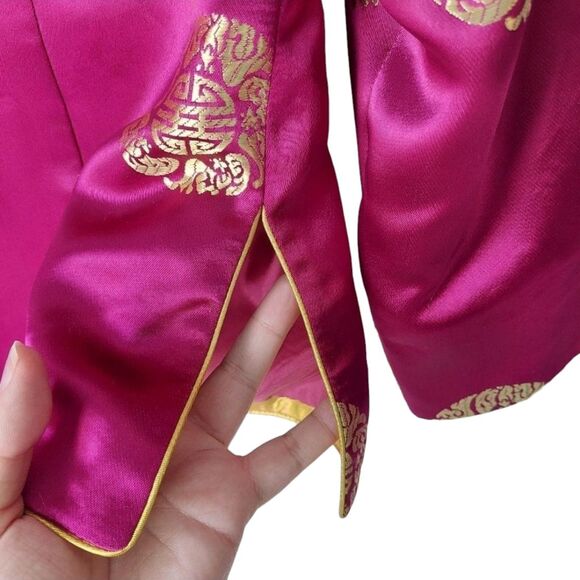 Chinese Tang Cheongsam Magenta Gold Jacket Frog Buttons Mandarin Collar Sz M - Picture 8 of 15
